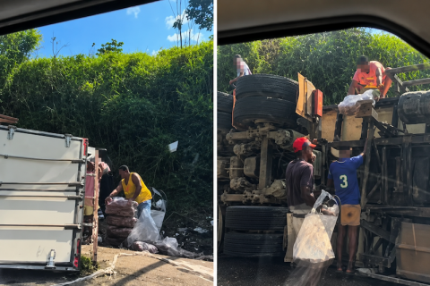 Caminhão tomba na BR-101 em Ubaitaba e carga de frangos é saqueada por populares