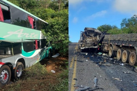 Acidente envolvendo carreta e ônibus deixa um morto e vários feridos na BA-026, entre Maracás e Planaltino