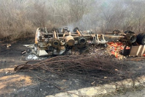 Caminhão capota e pega fogo na BA-026; motorista é socorrido