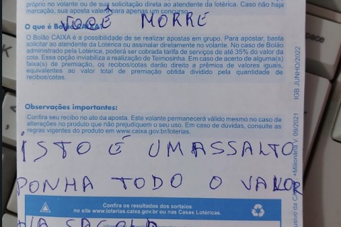 Ubatã: Bandido finge ser cliente e anuncia através de bilhete assalto em lotérica