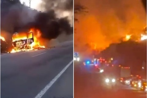 Incêndio em caminhão bloqueia BR-116 e provoca congestionamento no trecho de Jaguaquara