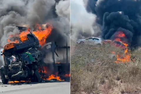 Colisão frontal entre dois caminhões deixa dois mortos e provoca incêndio na BR-116, em Milagres